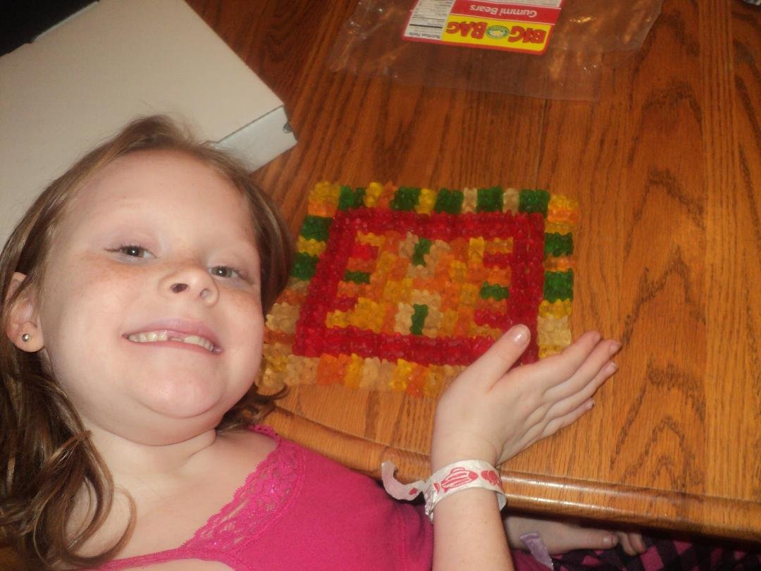 Jayden's creation with gummy bears while waiting for her mom.
