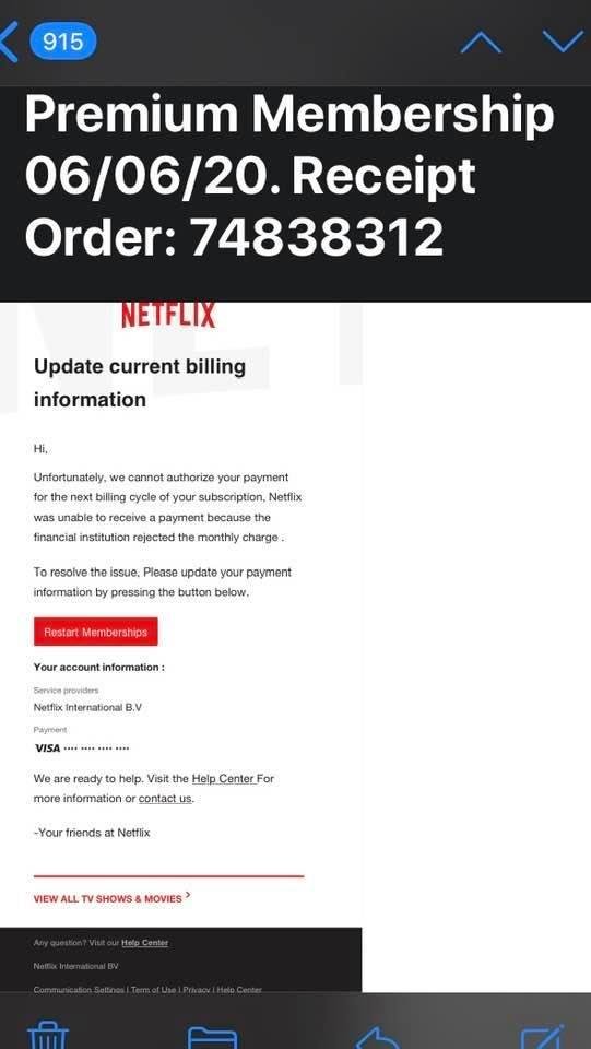Please don’t anyone fall for this scam. This is the email I received and they sent it twice! Asking for financial info is definitely a clue!
P. S. My Netflix works just fine!