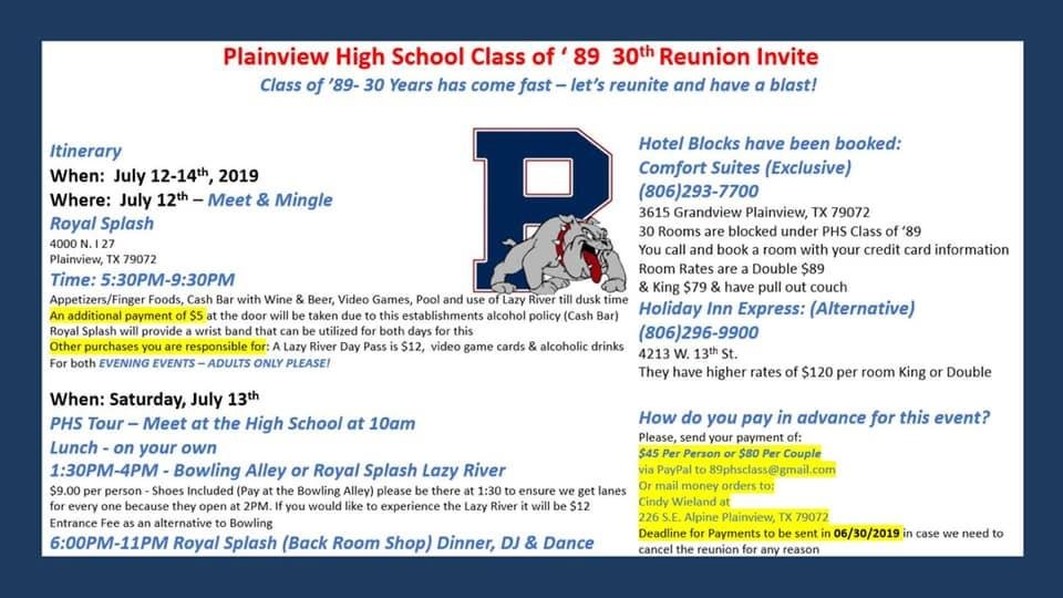 Hey my fellow class mates of 1989!! Here is the invite for our 30th Class Reunion!! Help us by getting the word out on your social media outlets. We appreciate you providing your choices and input! It will be a blast