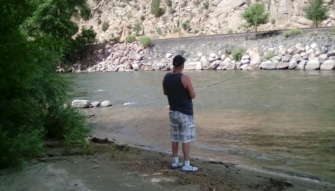Dad 🐟fishing and Bighorn Sheep at the tree across the river. Great friends and memories.