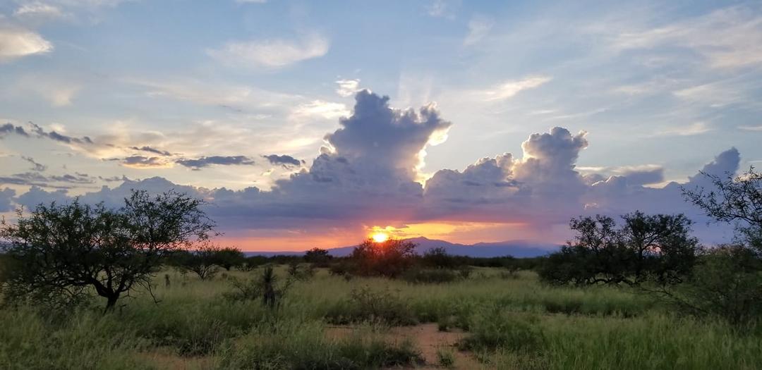 Sunset tonight from our Dragoon Mountain Ranch land behind a thunderstorm brewing over the Rincon Mountains.