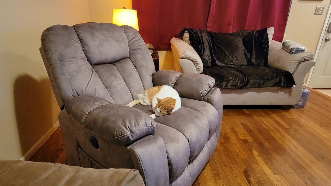 Bought myself a heated/massage recliner. This cat thinks it was their gift. That's one spoiled cat.