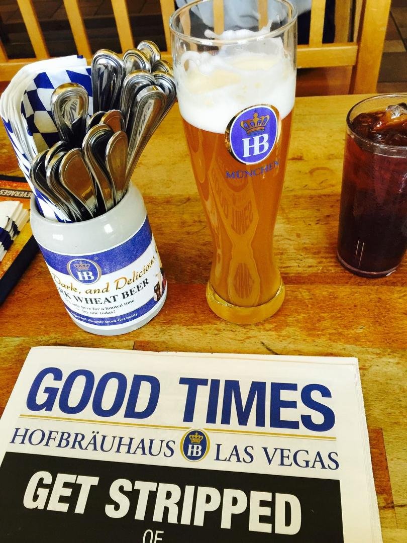 Today's lunch at The German Hofbrauhaus. It was Jagerschnitzel and Hefe Weizen beer.