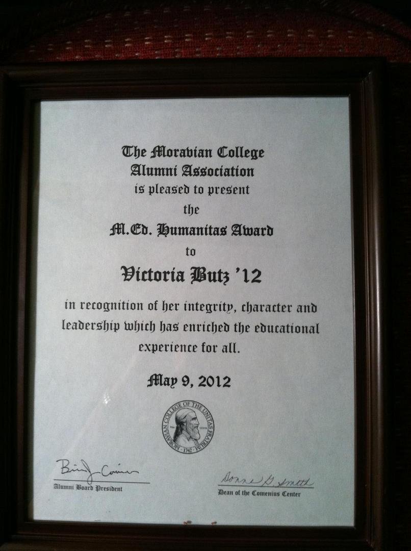 Our Vicki graduates on Saturday from Moravian College with a Master of Education in Curriculum and Instruction and with a Reading Specialist Certification. At their dinner tonight, she was awarded this: