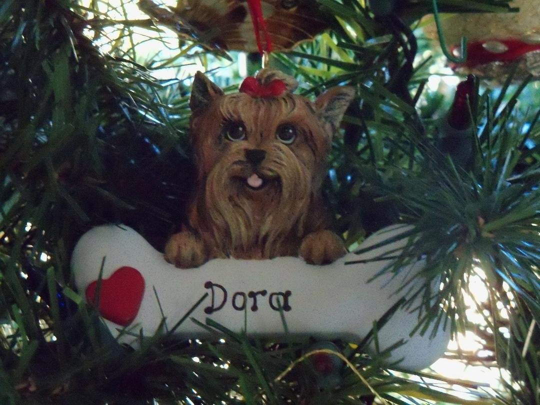 A sweet Yorkie ornament from Angela graces our tree...Dora is our precious little dog.