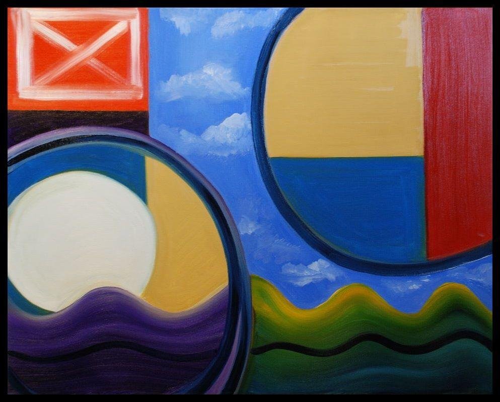 Dear Friends,
Another exploration of the world of abstract shapes. Of course I have to fit my sky in there somewhere. It is hard to draw straight lines and circles with the paint brush. So I did not get those as perfect