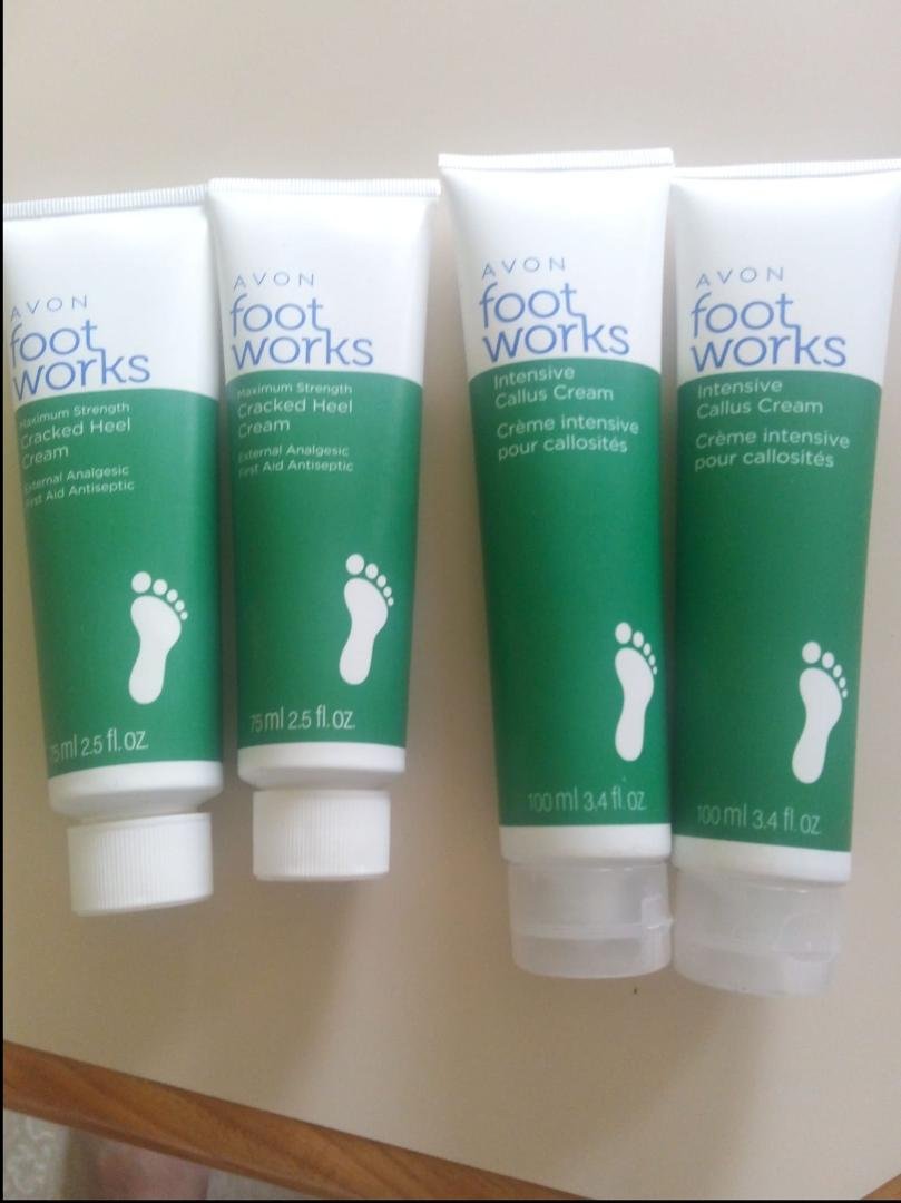 Avon Foot Works max strength cracked heel cream. Have 2. $5.00 each
Avon Foot Works intensive callous cream. Have 2. $6.00 each.