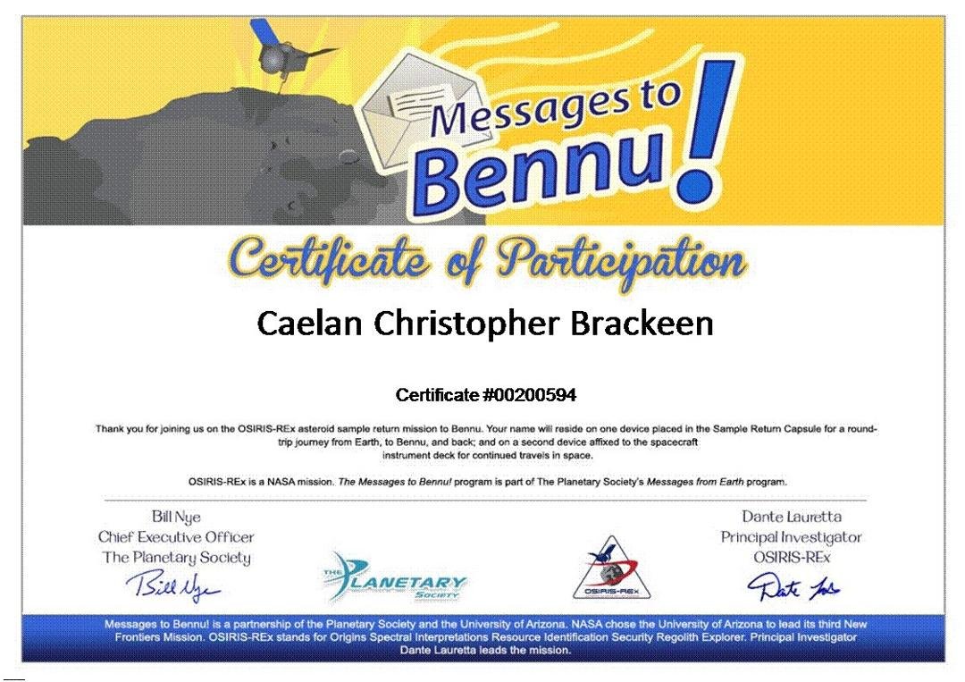 Caelan on Bennu certificate