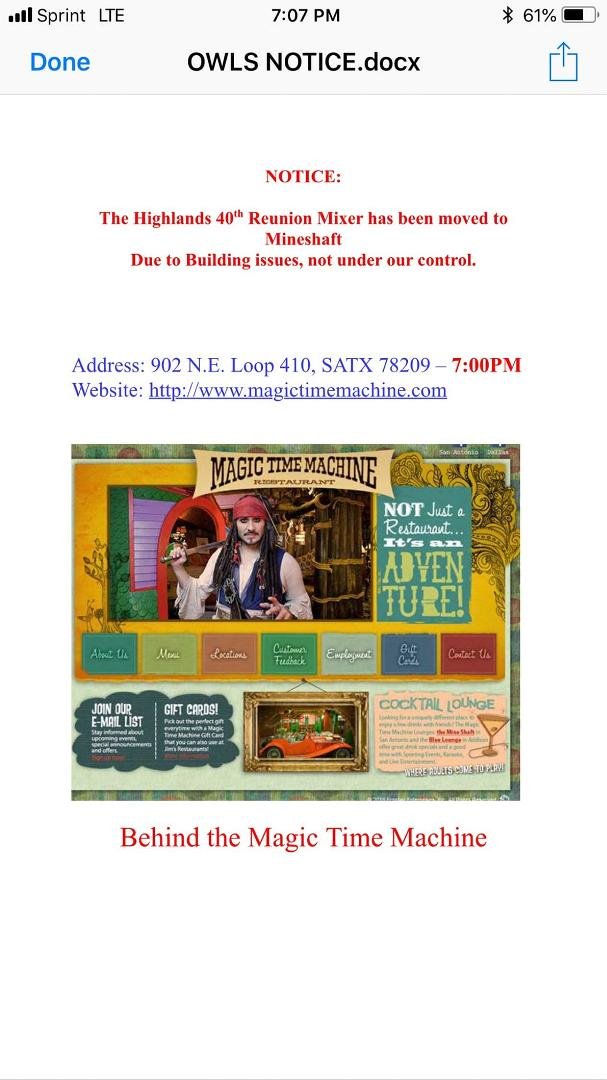 Ok, last minute change for the meet & greet scheduled for tonorrow night. It has moved to the Mineshaft at the Magic Time Machine. Everybody please pass the word.