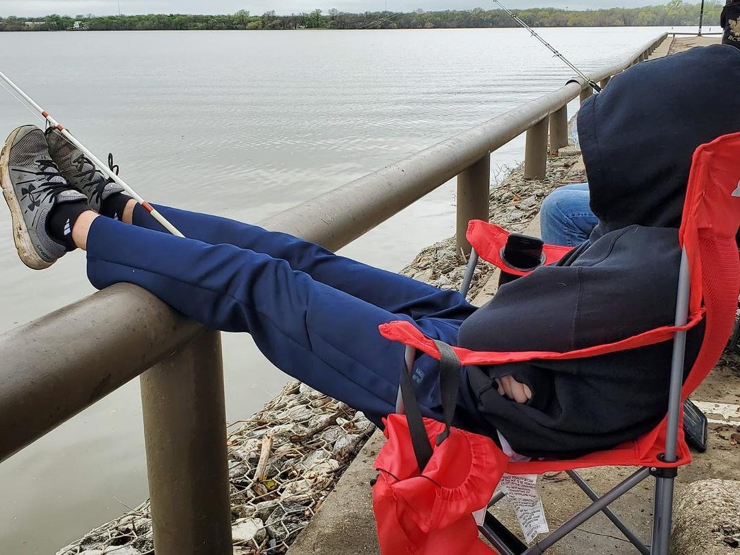 Matthew and dad at lake fishing with Alonzo. No fish yet, just relaxin.