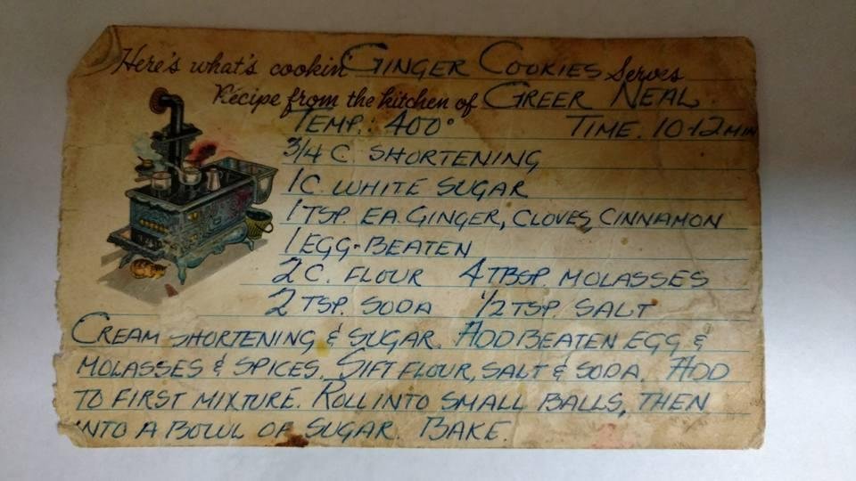 Ally & Greer - Here is the ginger snap recipe. As you can see it is well worn and is by far the best one I know of.