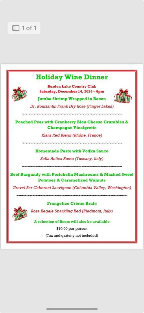 The wine dinner is on Saturday, December 14 if you are interested, please contact Lauren at the restaurant. She is there afternoons Wednesday, Thursday, Friday and Saturday. Let’s all try and make this a very successful Wyn