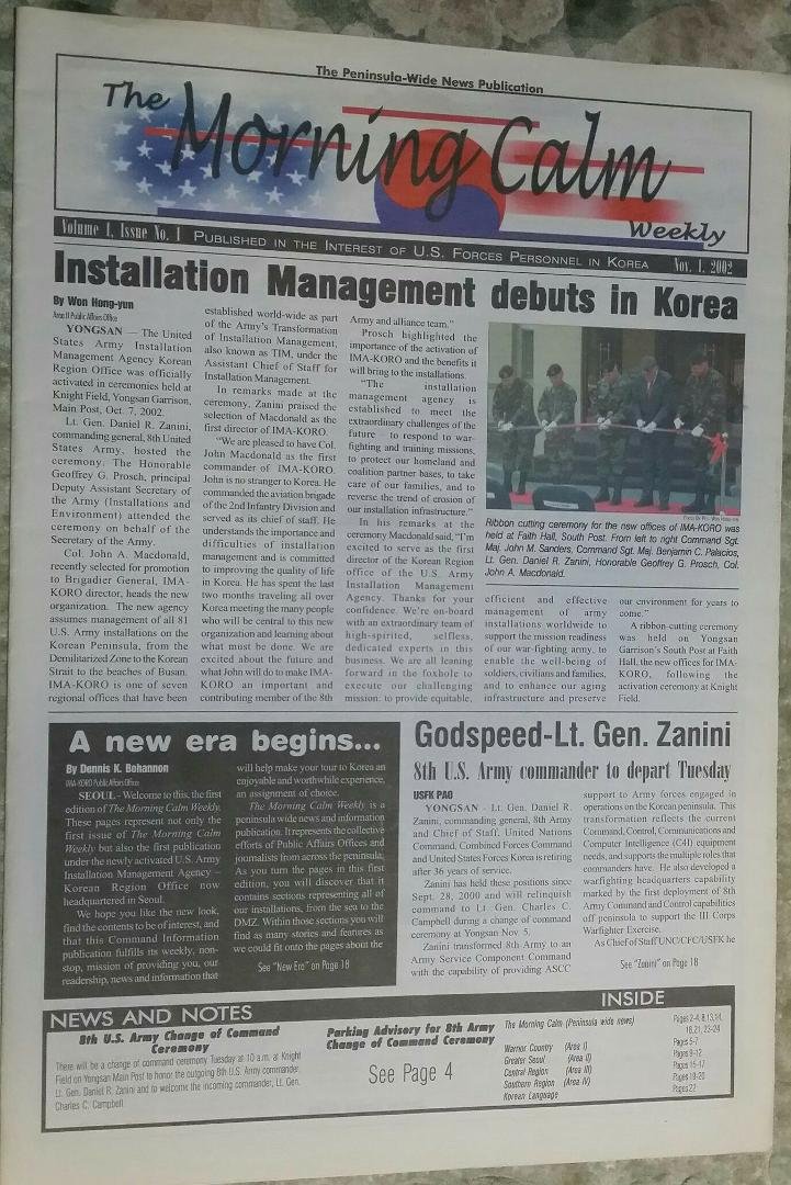 Volume 1, Issue 1 of The Morning Calm Weekly, Nov. 1, 2002.