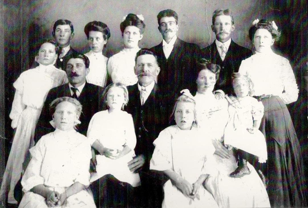 GRANDPA: - LUDWIG WILDE & FRIENDS - BACK ROW: Left to Right: Man & Woman NK; Wil's Parents: (Elam & Jack Klein); Ted Wilde; Selma (Brother & sister) - SECOND ROW: Gussie (Middleton) Wilde; (Jack Klein's brother - name NK, L
