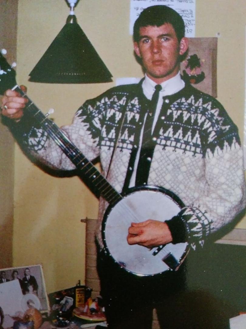 1964, Denmark, first banjo, custom sweater by Pjevs Slot (still have it) - probably in Nykøbing Falster.