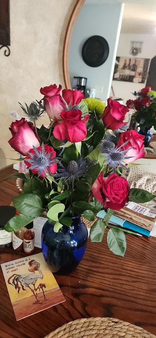 Roses from my husband, funny card from my sister 😄