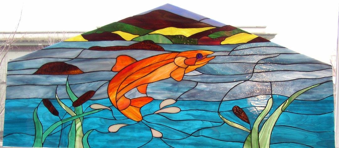 Now that the secret is out, I can show you the stained glass piece made for my best friend for her cabin in Washington. Business is open at 302-101 W. St at Lonsdale. Commissions are welcome.