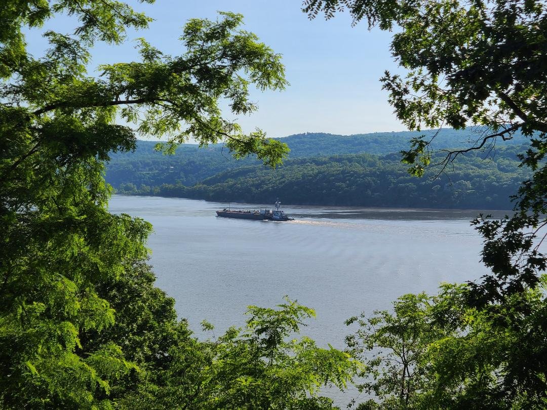 My morning hike around West Point I spotted this cargo ship heading north on the Hudson River.