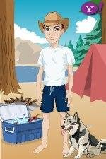 Avatar has Camping by the Lake Background, Blue Shorts, White T-Shirt.