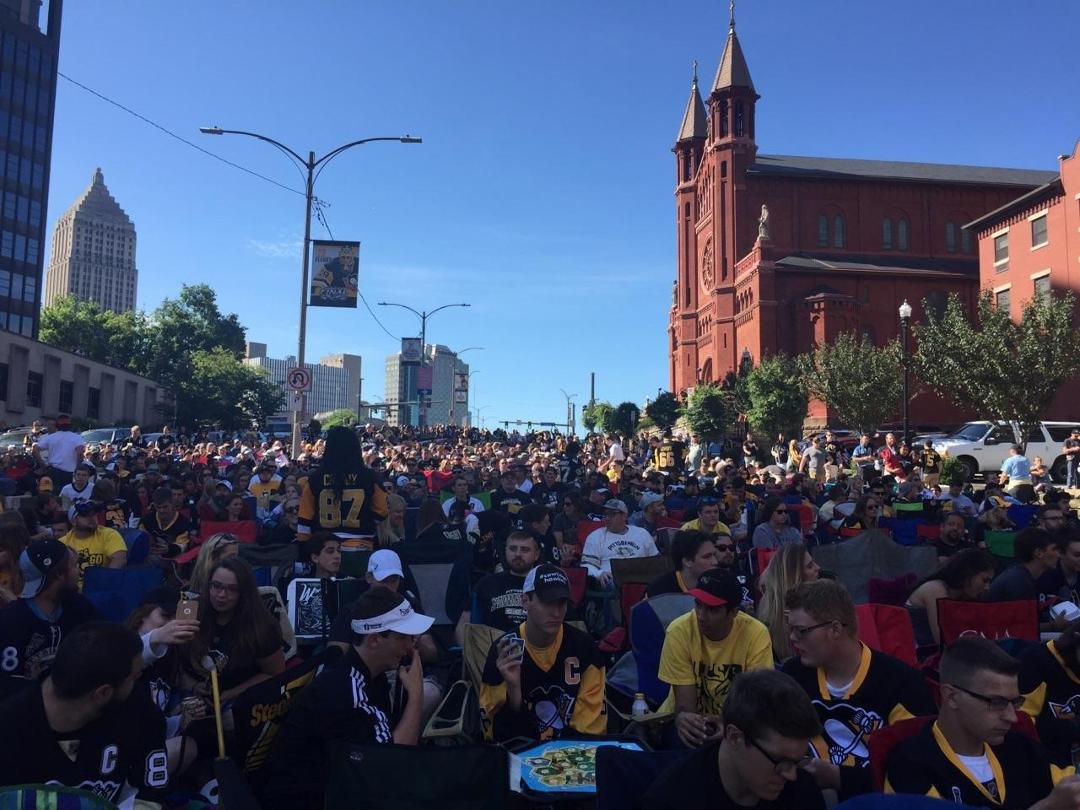 Crowd outside the Pen's Arena pictured at 2:30 p.m. Expecting 20,000 fans outside the Consol Center to watch the game on big screens.
