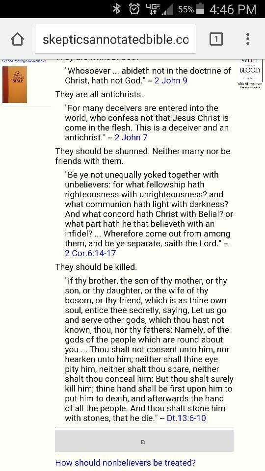 I saw a post by a Christian asking what religion would kill you for not believing in their religion, then he started going in about Muslims... Jesus said those without sin may cast the first stone... According to the bible,