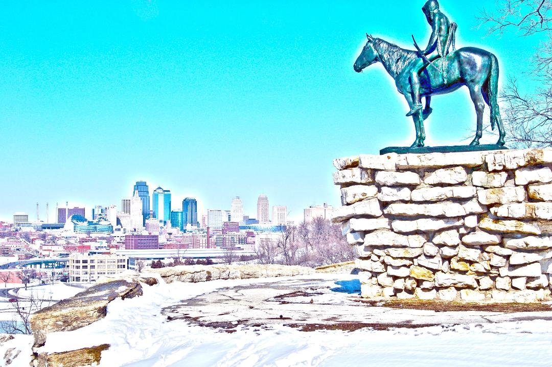 This is an HDR(High Dynamic Range) image of the KC Scout over looking the downtown Kansas City Skyline