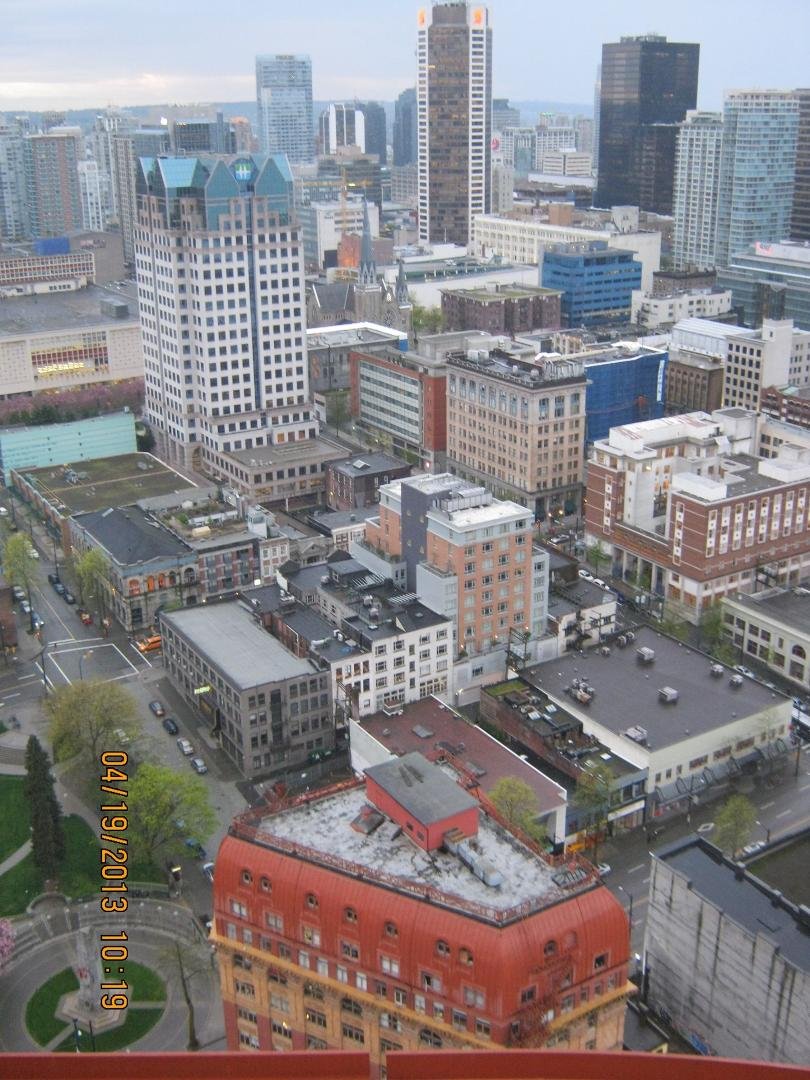 Downtown Vancouver skyscrapers viewed from Robson Street,
