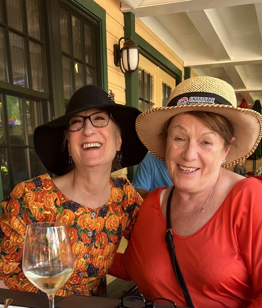 Stephens wife Karen and I indulging in a glass of wine , maybe two