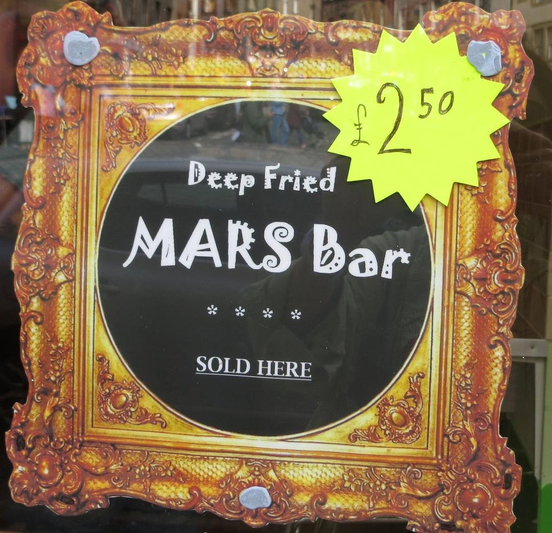 I told my pal, Val Pike, to not leave Edinburgh without having a deep fried Mars Bar, she sent me this and told me it was decadent. She's leaving Scotland for Reno now.