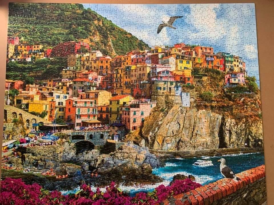 Hooray! We finished our puzzle of Cinque Terre, Italy yesterday. Brought back sweet memories and,of course, made us want to return! Should I write to White Mountain about the missing piece? This was a new, sealed puzzle