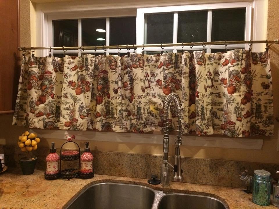 Thanksgiving curtains done. My friend Cherie Marek gave me the fabric a few years ago so I turned it into curtains.