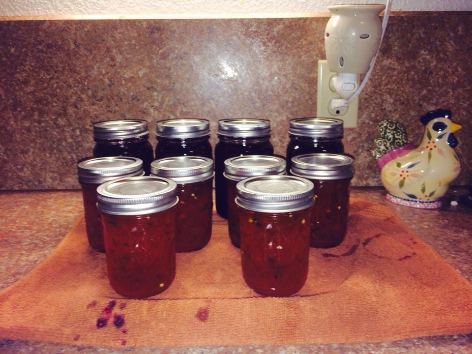 It was a productive evening at home tonight. Ashley Morris and I made four jars of blackberry jam and six jars of pepper jelly. First time making pepper jelly, hope it turns out good!