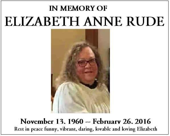 My friend, Elizabeth, Liz Swopes Ramos Rude passed away today.