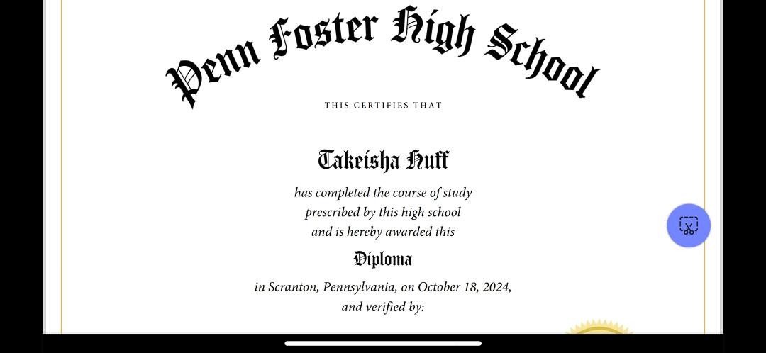 Congrats to TaKeisha Huff my second born to finishing something she longed for!!! Love you and Im proud of you!!!