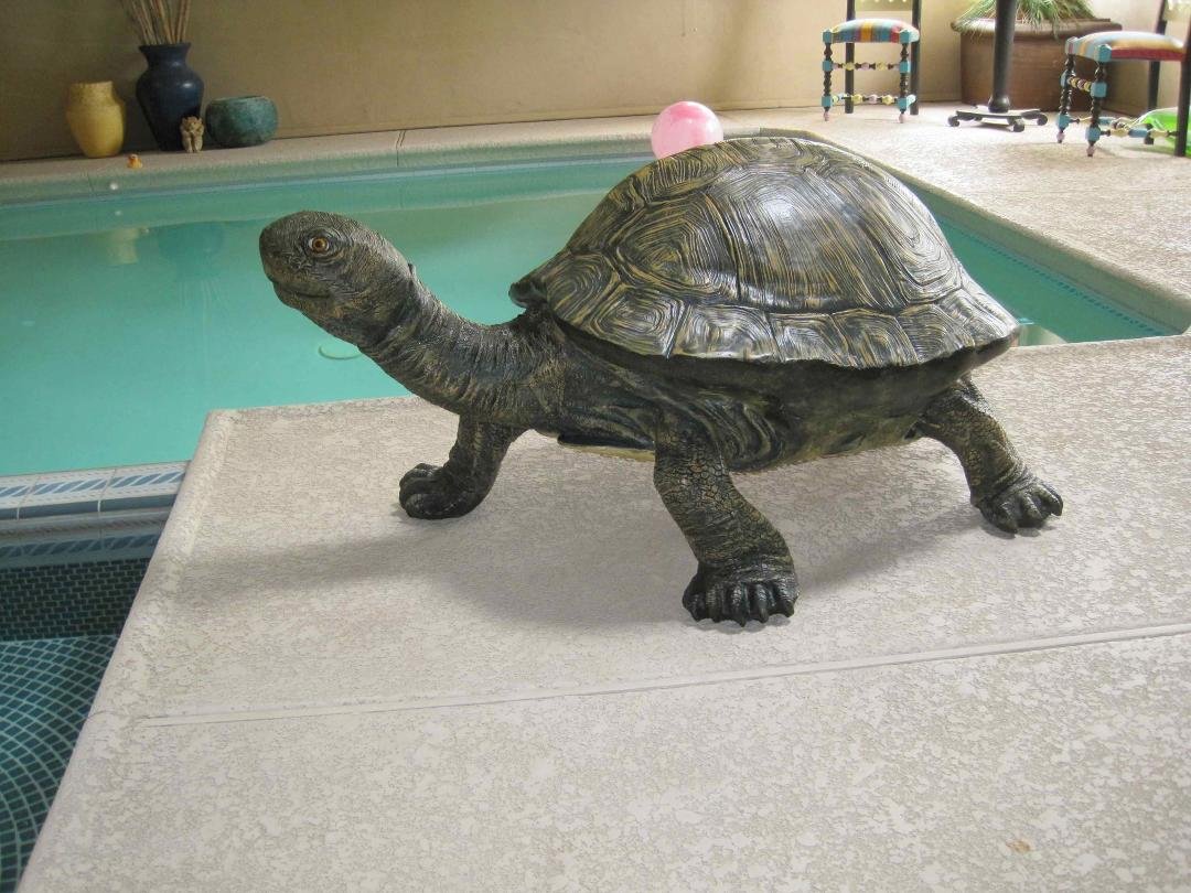 Bought this very large , 5 foot , turtle at Brunk's Auction.
It had fallen off a truck and the fiberglass leg and shell were broken and parts missing. I patched it up with fiberglass and Bondo , then repainted it. Turned