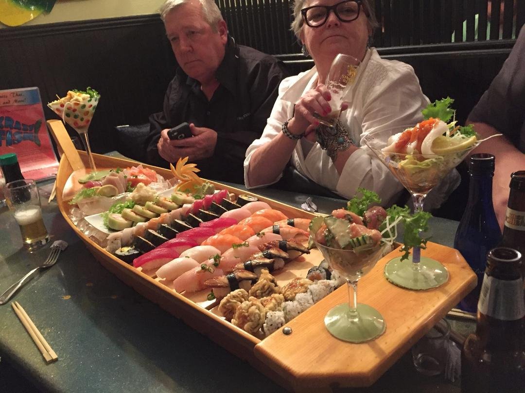 Great sushi at Crazy Fish in Fort Pierce. With Judy Yates and Bob Yates David Harris and Alison Harris and one very sad fish