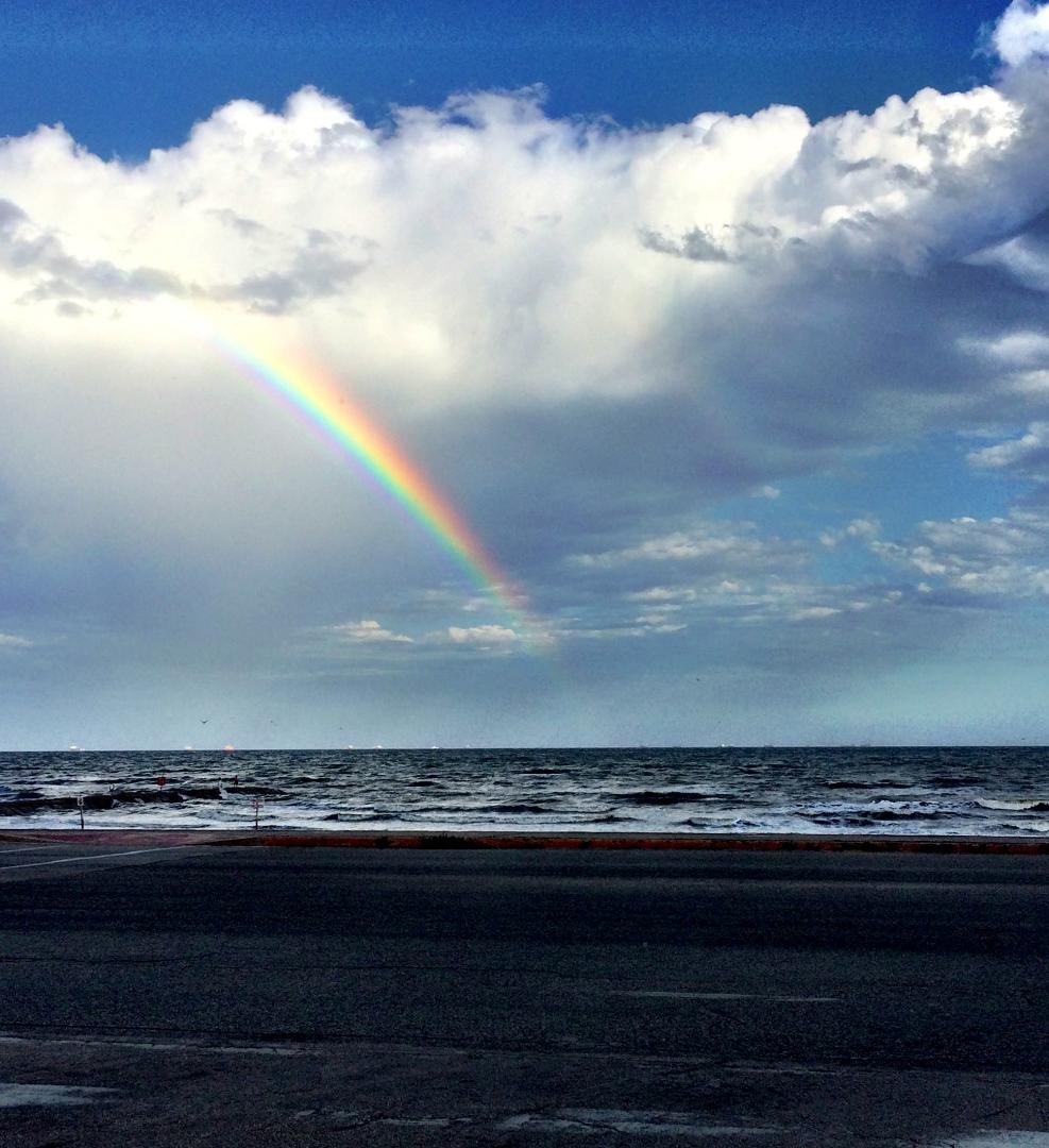 A beautiful rainbow this afternoon over the Gulf. I love Galveston!