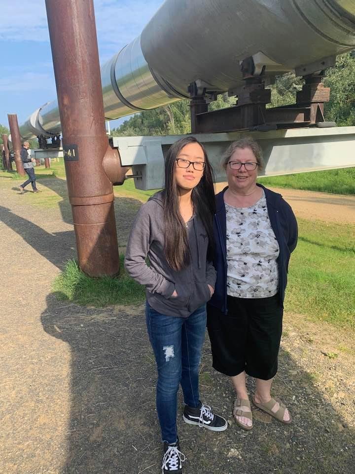 Laura and Jennifer at the Alaska pipeline in Fairbanks