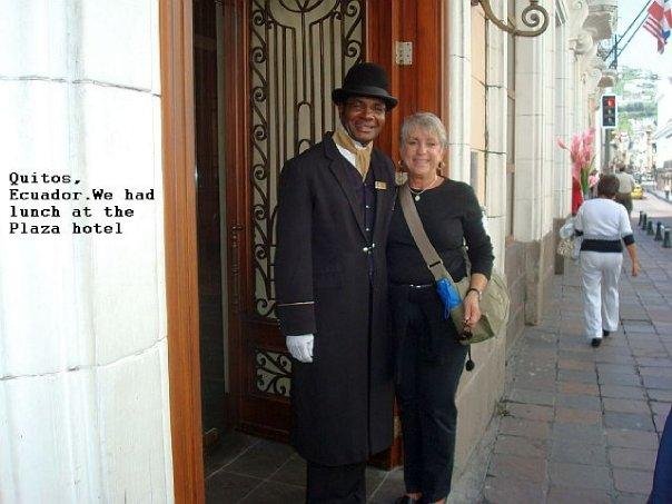 Doorman in front of the five star Plaza hotel in Quito.
We had lunch there for $7.50 each.
Unbelievable huh? That's why so many Americans are retiring in Equador. You can live a champagne life on a beer budget.
