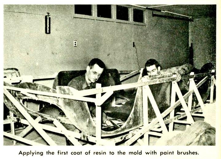 John C. Mays and Dutch Burmaster working on the first fiberglass body-mold, Crosley Super Sport  Engine FIBERSPORT, e