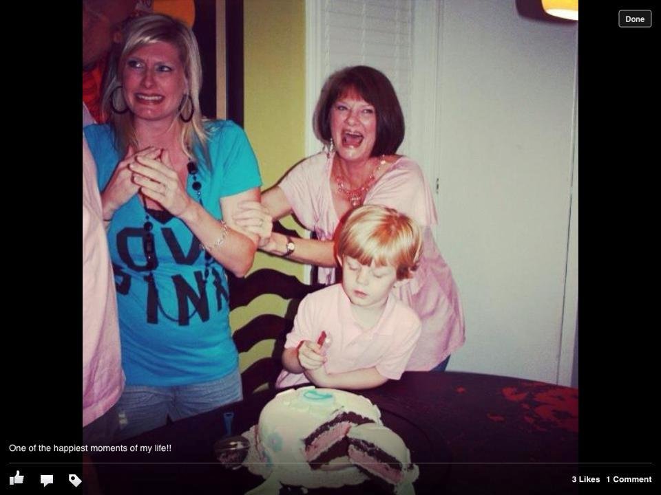 Today is my youngest granddaughters first birthday. My littlest love. 1. Picture: we found out it was a girl! (Graden-her son & I are in background). 2. Her first picture with her mother. 3. Her 1st birthday cake. My
