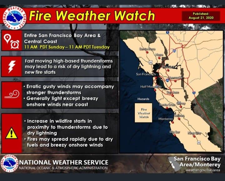 Warning signDry t-storms will be possible again Sun - Tue. Any t-storms that occur will bring the potential for new fire starts, so a Fire Weather Watch has been issued. Remember, always have an emergency plan during fire s