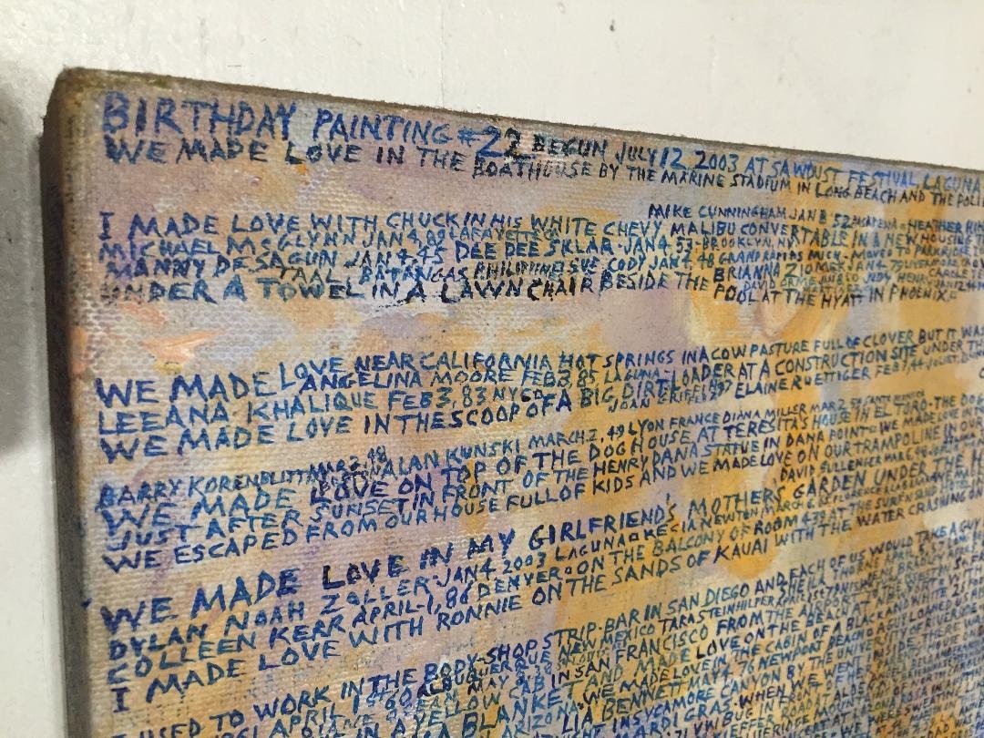 Anna Banana's former, and Laguna's current mad fiddler (of The Moon Police) and photographer/painter Douglas Miller typically paints at least one painting on canvas per day. Some projects take several months to accumulate e