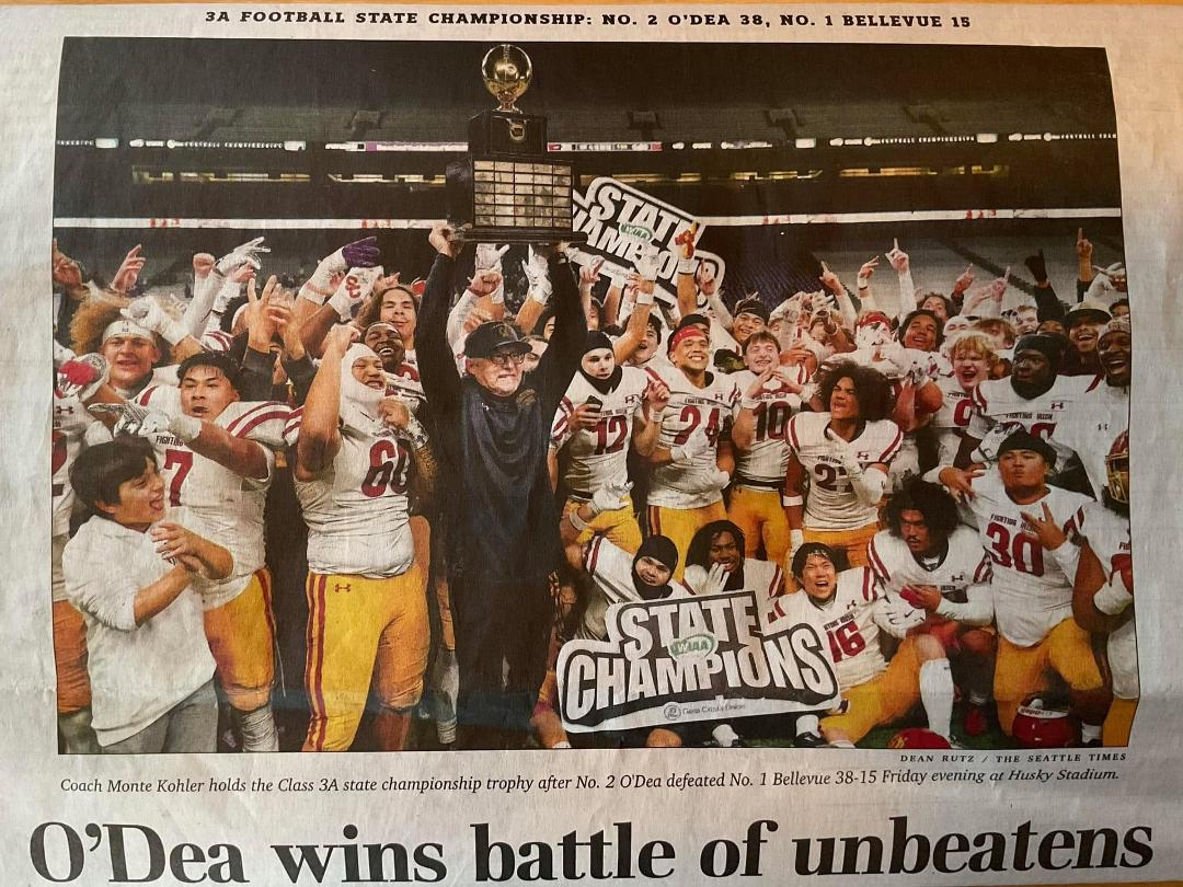I’ve watched my grandson, Sage #12 (front and center) every Friday night for the past 4 years play football for O’Dea High School in Seattle. Last night the team won the State Title for their win against Bellevue High Scho