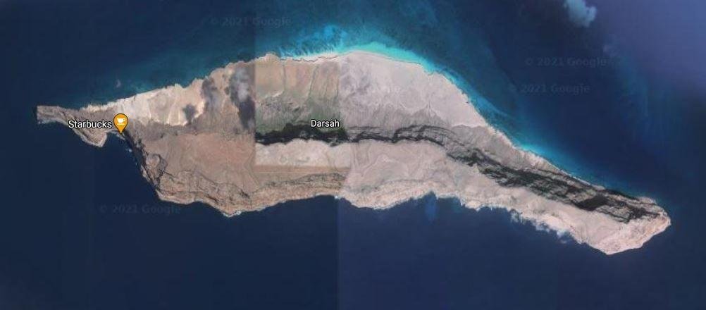 Darsah is an uninhabited island in the Socotra archipelago in the Arabian Sea, claimed by both Somalia and Yemen. According to Google Maps, it has a Starbucks. Who knew?