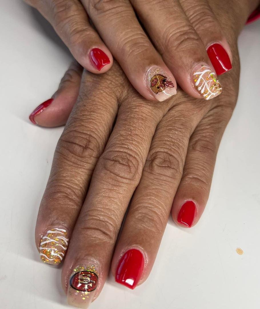 Ready for our trip to the bay to support Mister J’s team. Luckily for him my favorite color is red!! Go Niners!! Nails by my daughter Jasmine Nicole