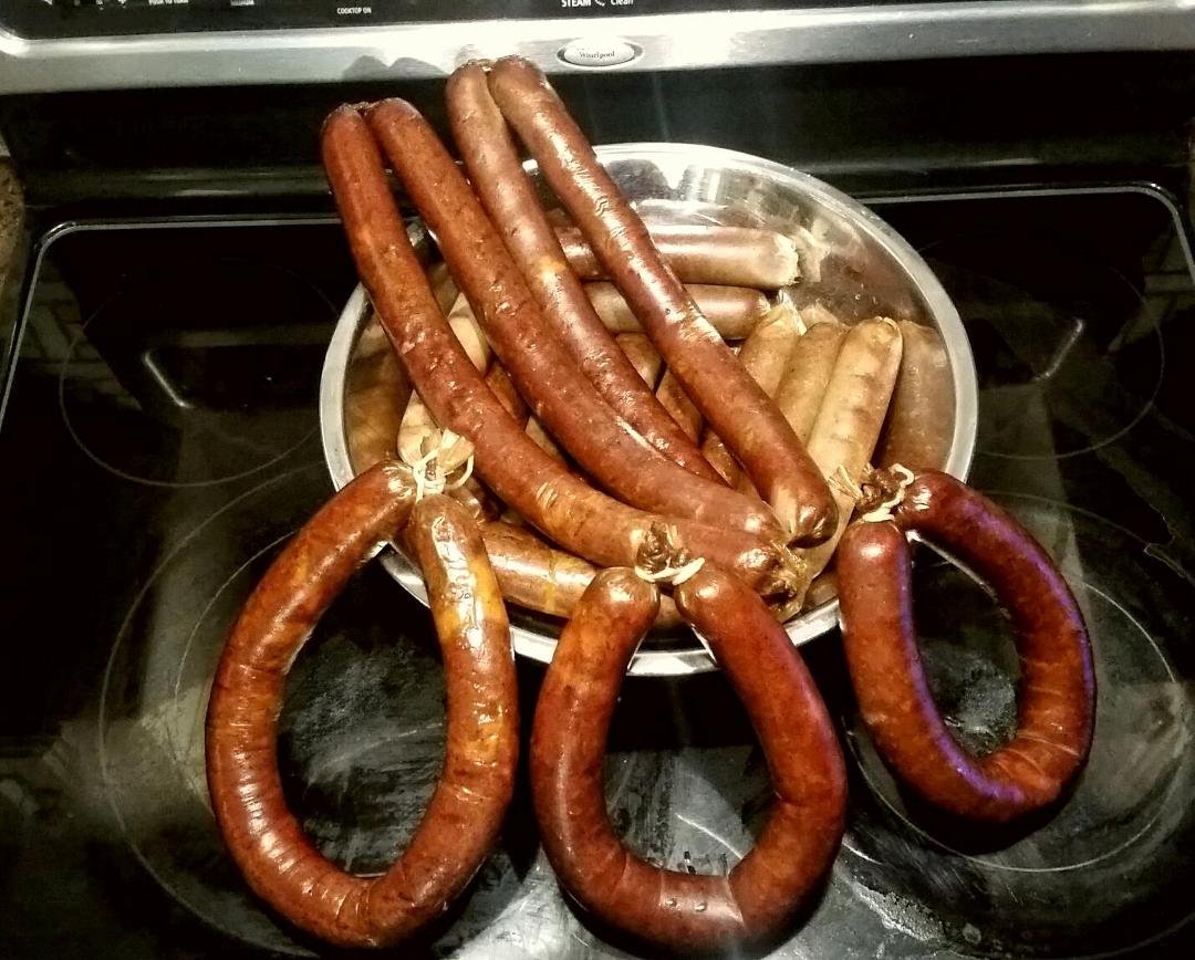 This batch is ready and smells good. Venison breakfast sausage and venison jalapeño and cheddar. Wow not bad for a first timer.