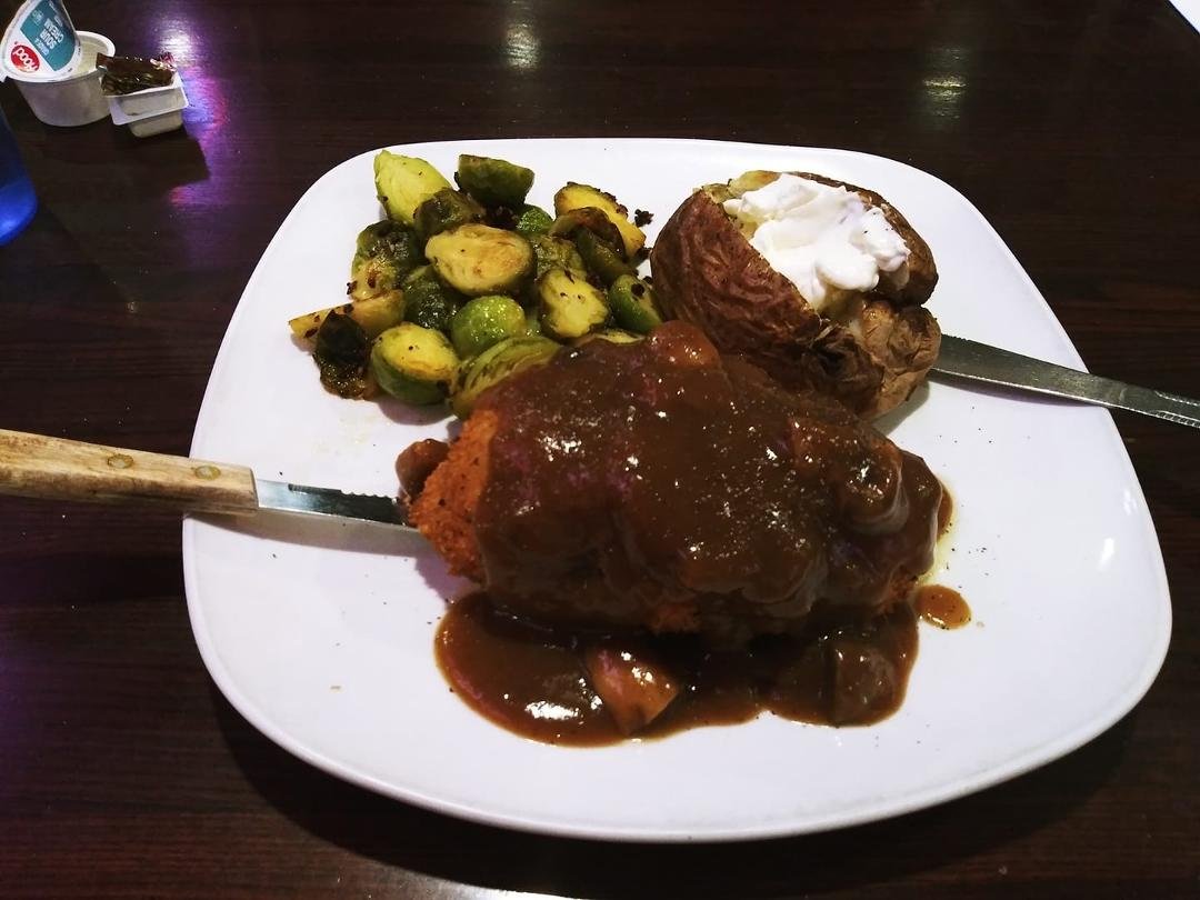 Chicken cordeun bleu with mushroom sauce. (just these Brussels sprouts/garlic are worth it)