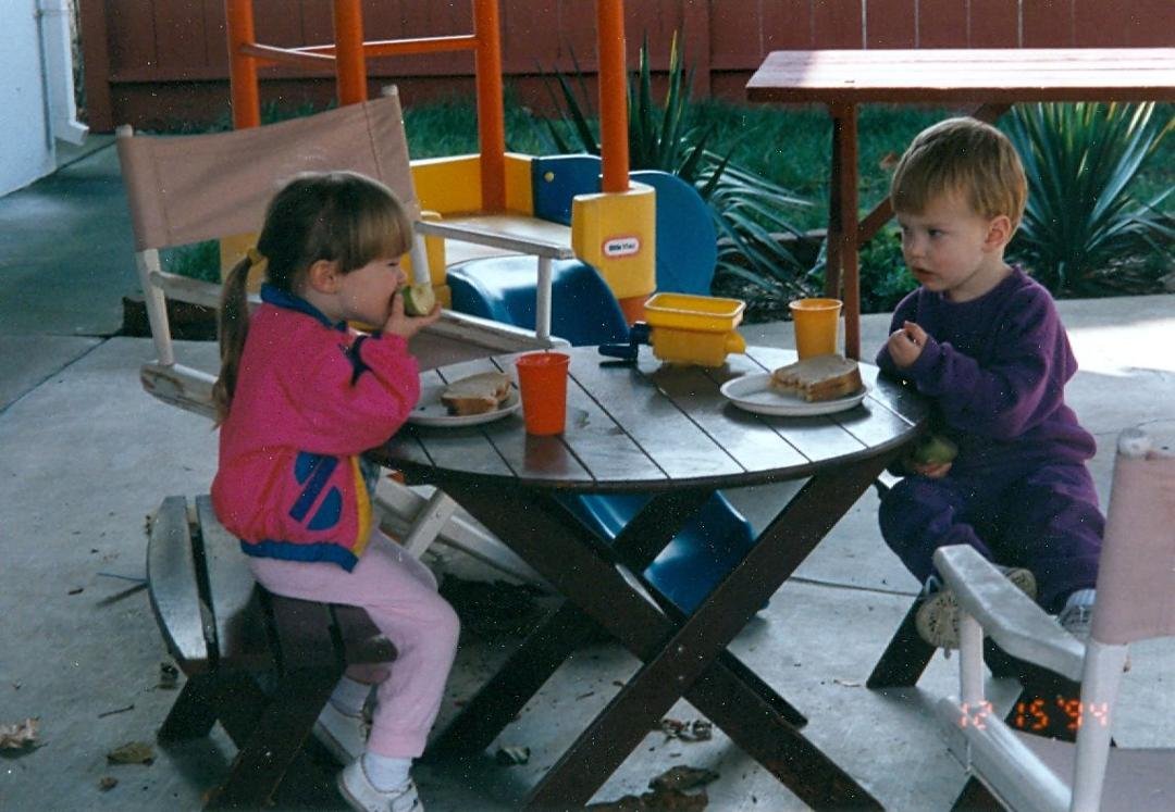 Katie and Chris eating PBJ on our back patio in San Jose.
