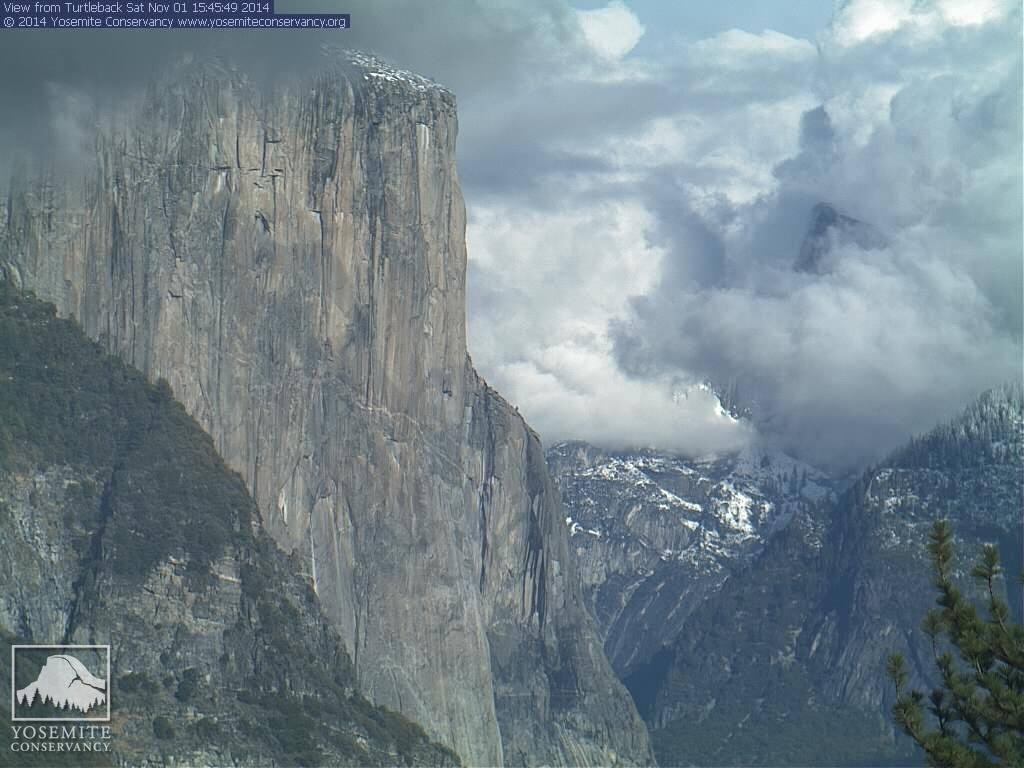 November 1, 2014, the El Cap camera and thru the valley roll the winter clouds full of snow, rain, cold and memories. The snow quickly melted but did put the falls back into the Yosemite Falls...ahhhh... winter in the most